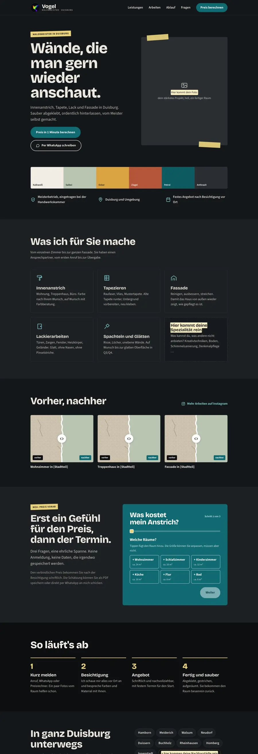 Die Website Malermeister Vogel, von oben nach unten