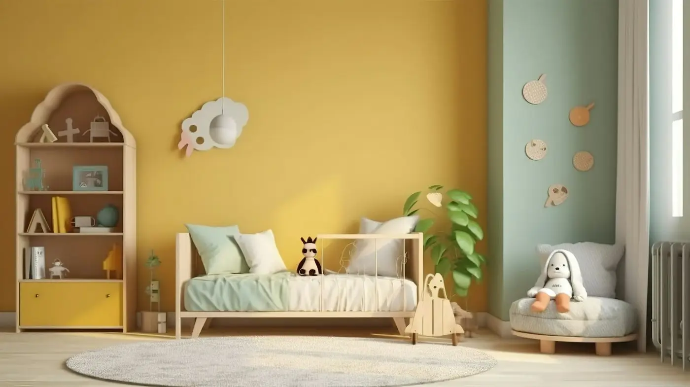 Kinderzimmer, eine Wand kräftiges Gelb, eine Mint/Türkis, Holzmöbel, Plüschtiere, keine Personen